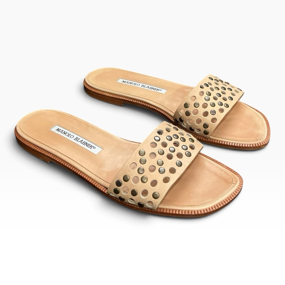 Manolo Blahnik Studded Perforated Leather Flat Slide Slip On Sandals 37 US 7